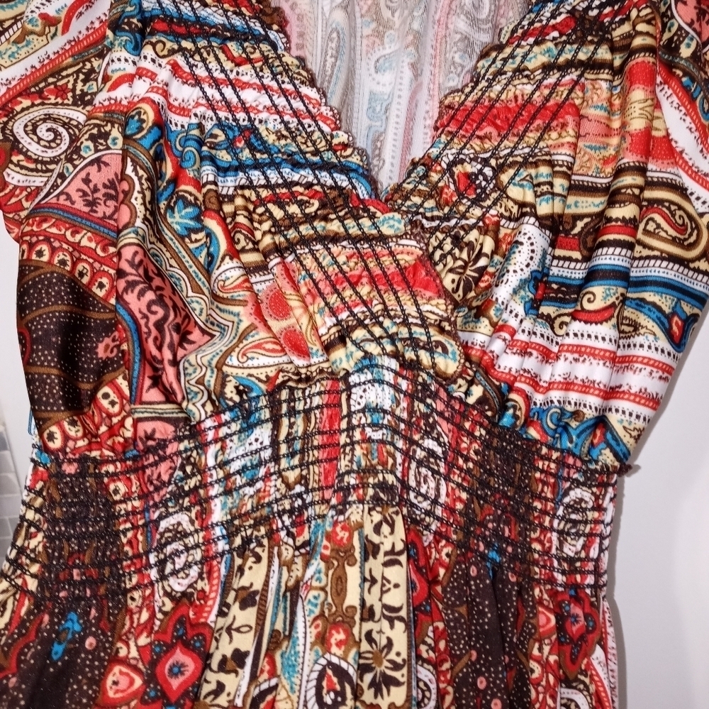 LAPAGEE PAISLEY LONGLINE CROSSOVER V NECK SMOCKED WAIST PRAIRIE STYLE DRESS M - Picture 10 of 15